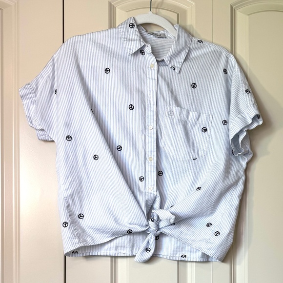 Madewell Blue White Striped Peace Sign Print Button Up Tie Front Shirt (S) - Picture 1 of 3